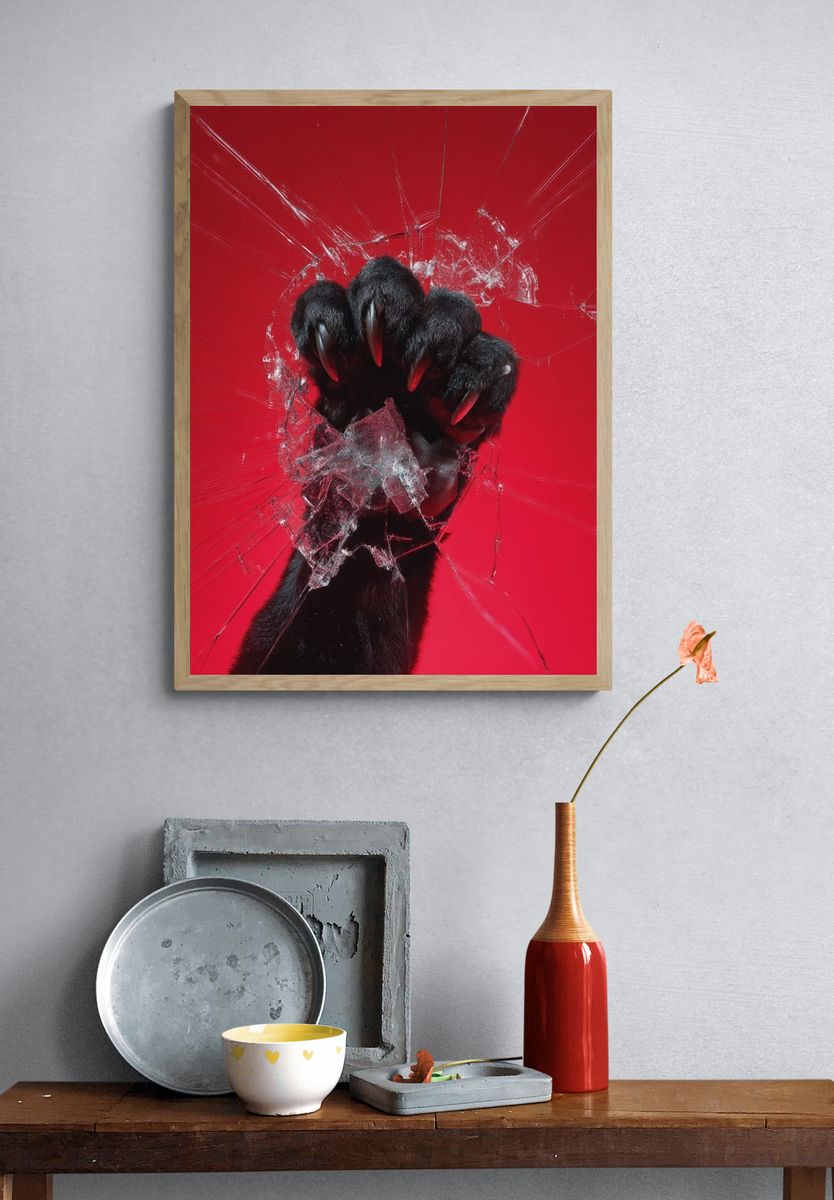 Fierce Panther Paw Breaking Glass — Photography Print. — room view 3