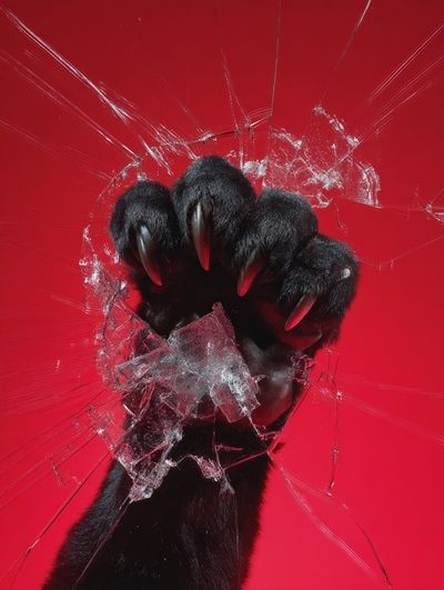 Fierce Panther Paw Breaking Glass — Photography Print. poster