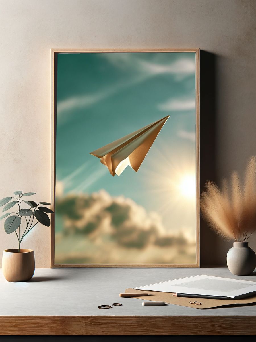 Paper Airplane Sky Illustration Poster. — room view 2