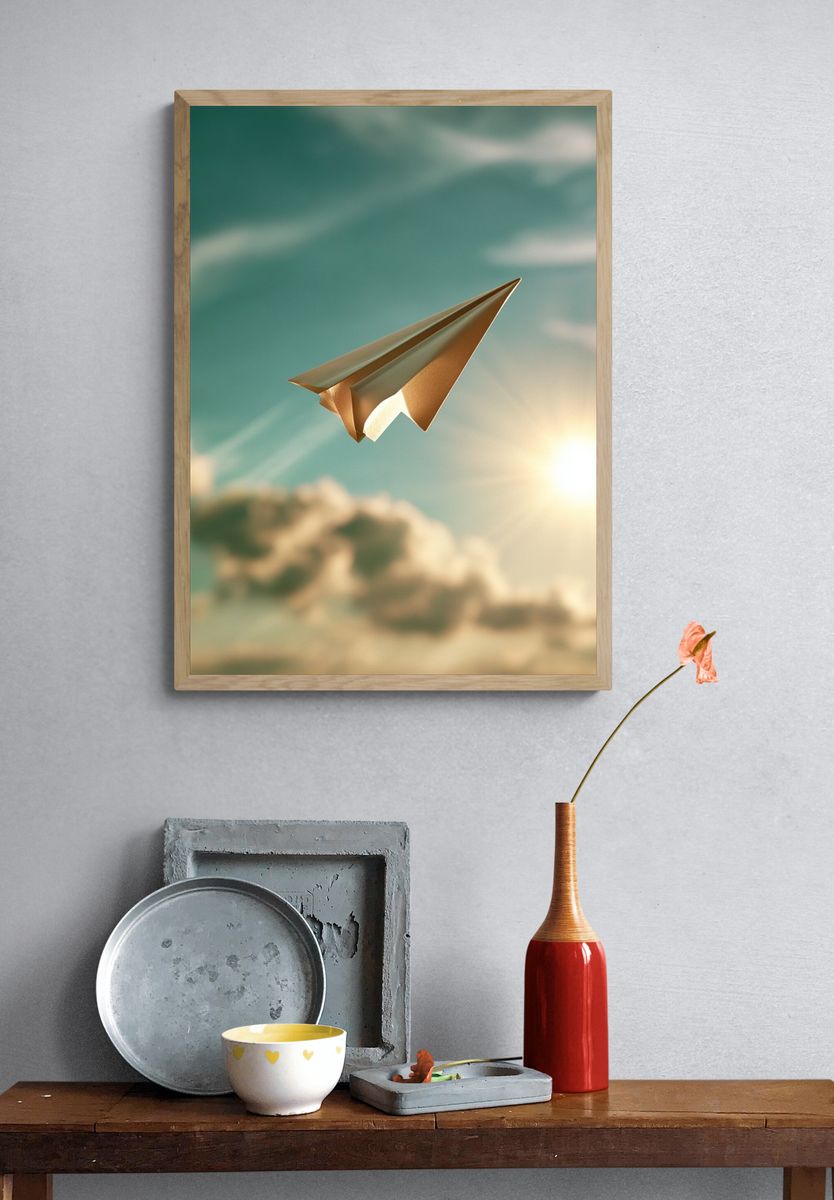 Paper Airplane Sky Illustration Poster. — room view 3