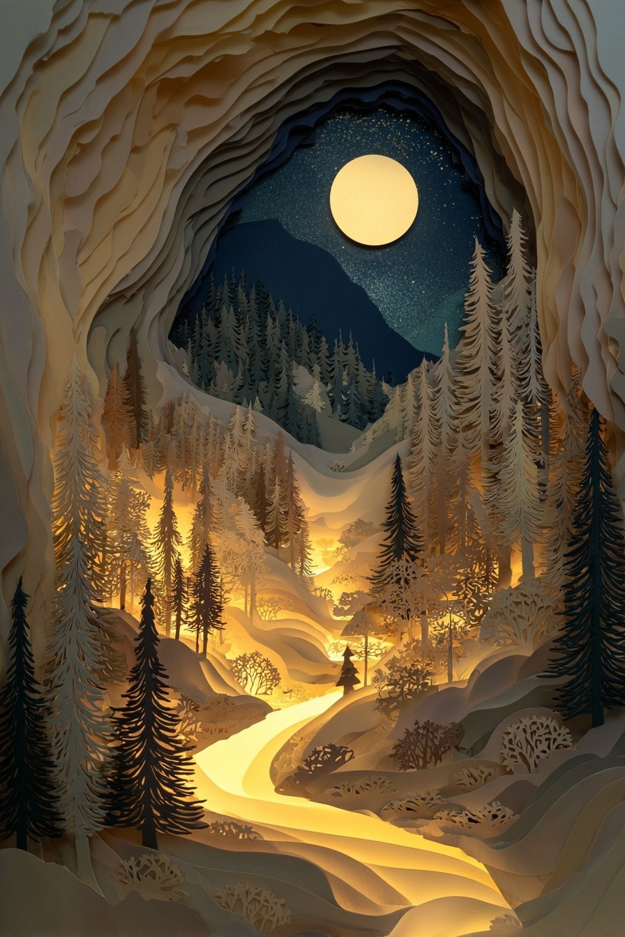Moonlit Forest — Paper Art Print. poster — nature art