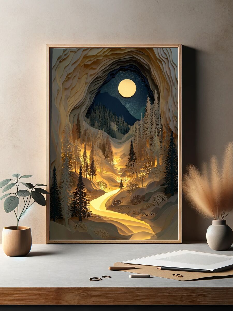 Moonlit Forest — Paper Art Print. — room view 2