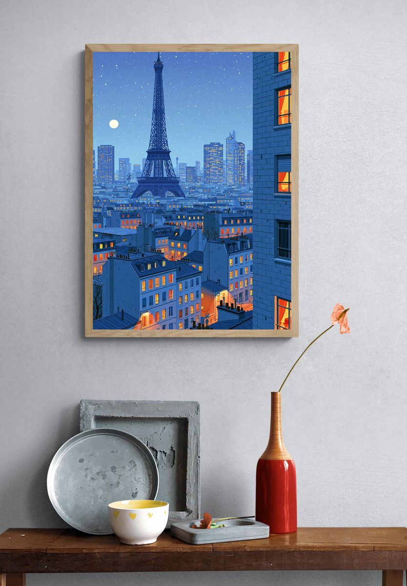 Paris Eiffel Tower Nightscape Print. — room view 3