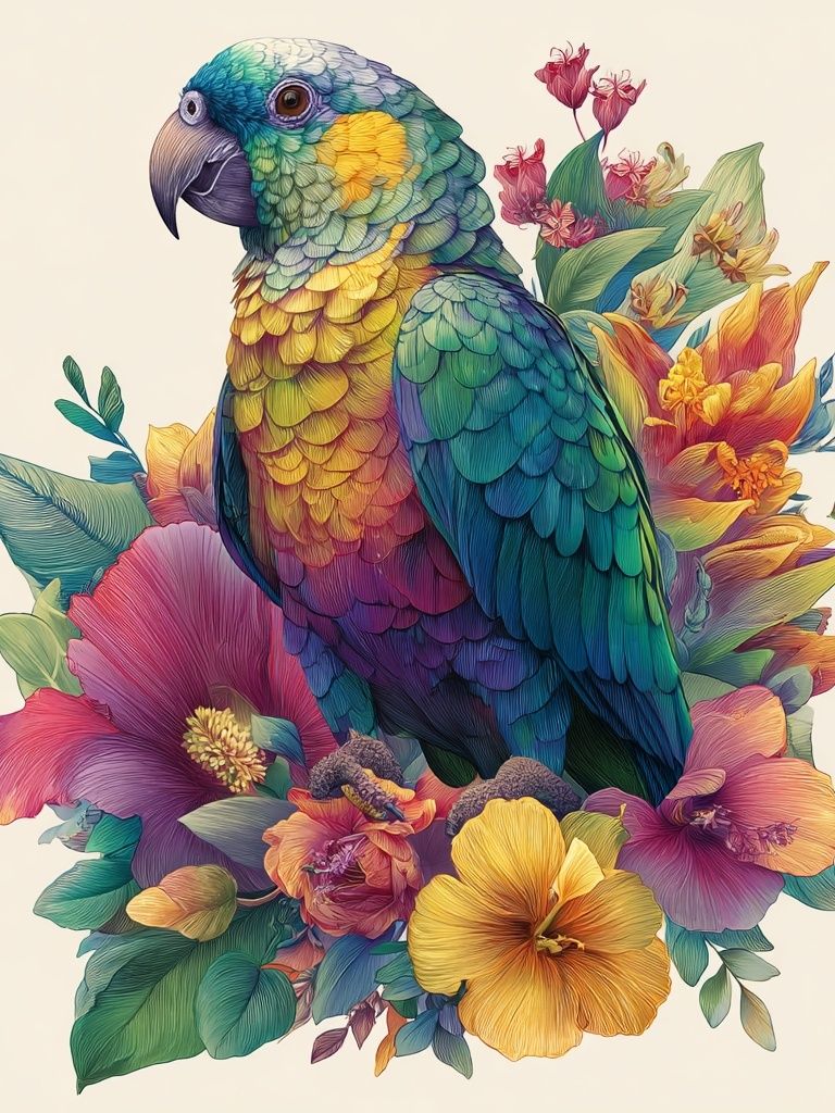 Rainbow Parrot Floral Illustration Poster. poster detail