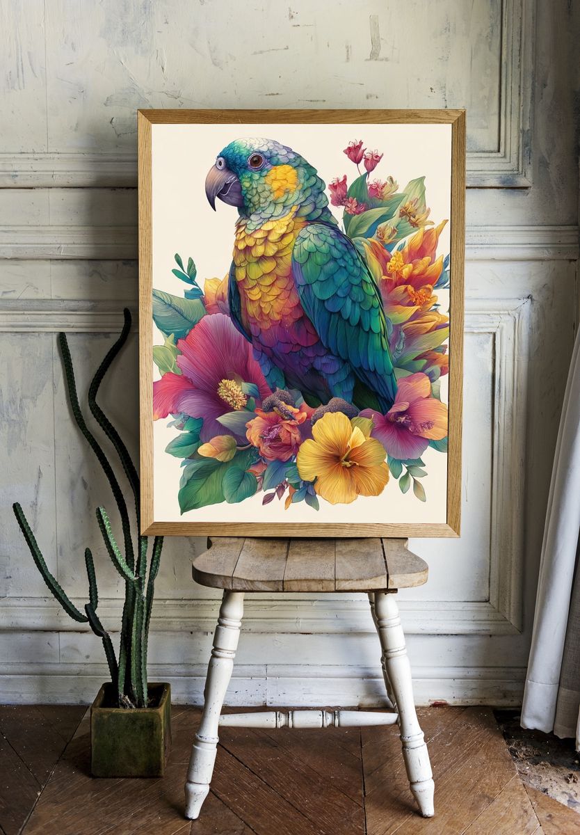 Rainbow Parrot Floral Illustration Poster. — room view 1