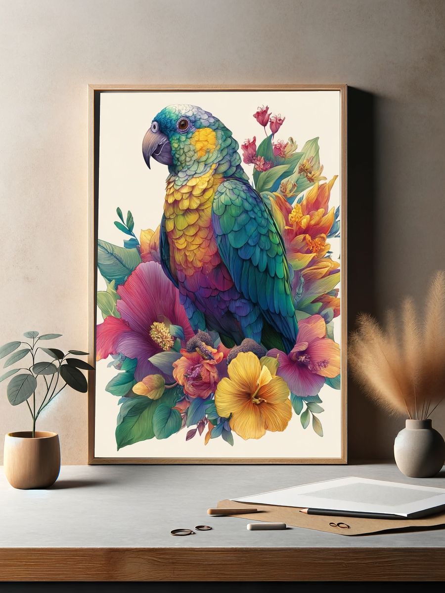 Rainbow Parrot Floral Illustration Poster. — room view 2