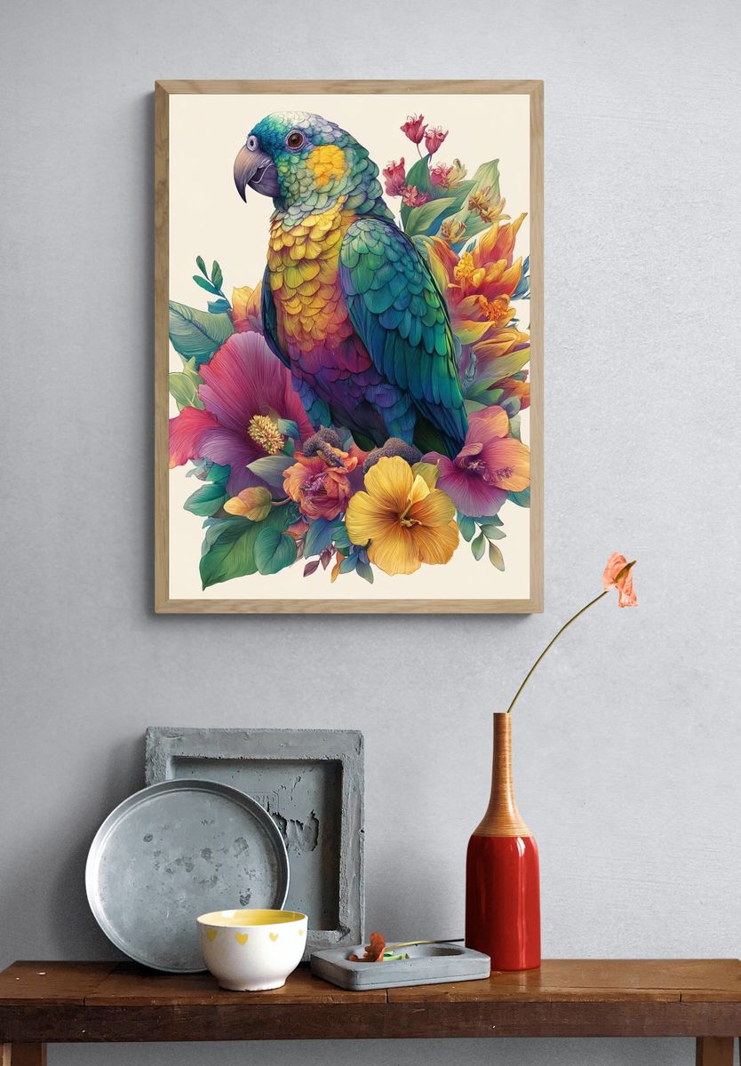 Rainbow Parrot Floral Illustration Poster. — room view 3