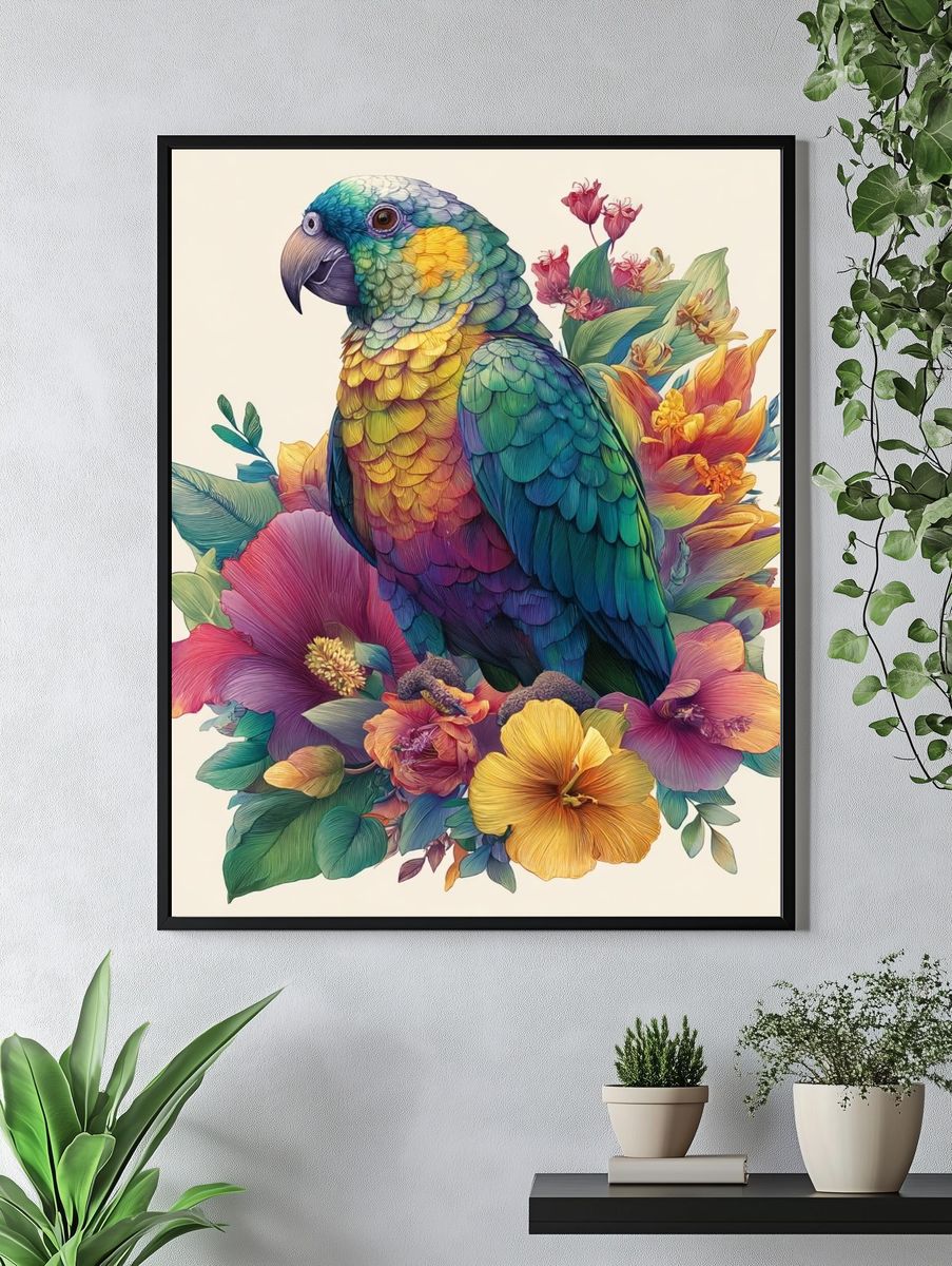 Rainbow Parrot Floral Illustration Poster. — room view 4