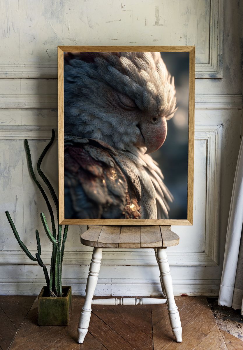 Sleeping Parrot Portrait Print. — room view 1