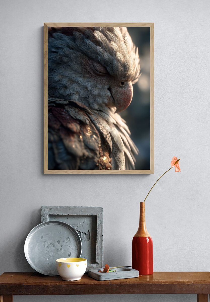 Sleeping Parrot Portrait Print. — room view 3