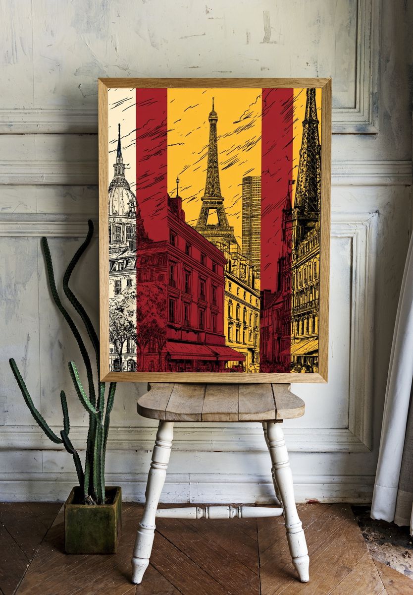 Paris Landmarks Vintage Print. room preview