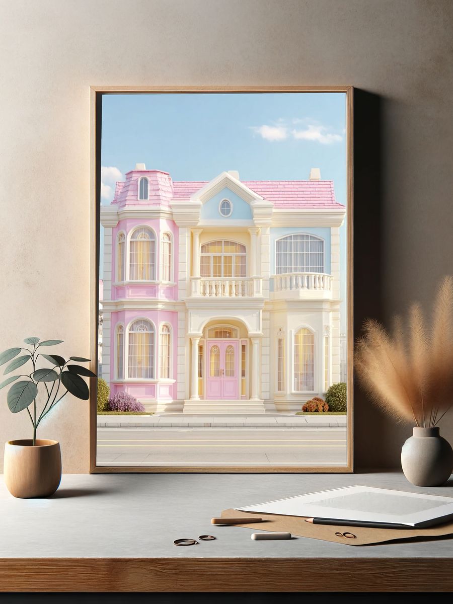Charming Pink and Blue House Poster. — room view 2