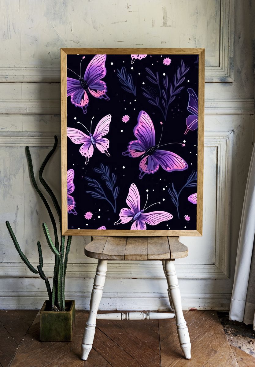 Purple Butterflies Night Garden Illustration Poster. — room view 1