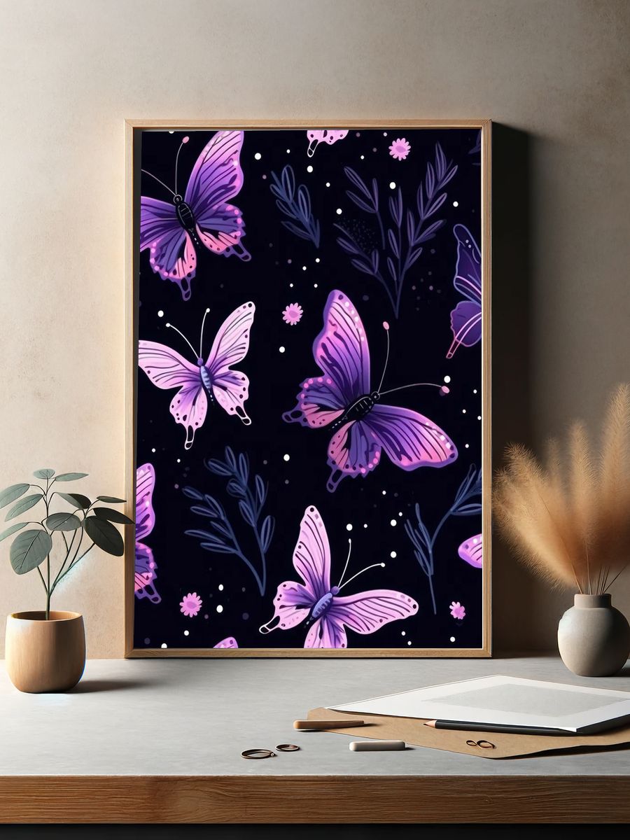 Purple Butterflies Night Garden Illustration Poster. — room view 2