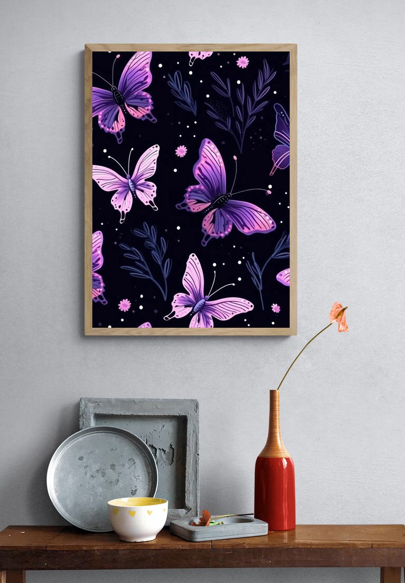 Purple Butterflies Night Garden Illustration Poster. — room view 3