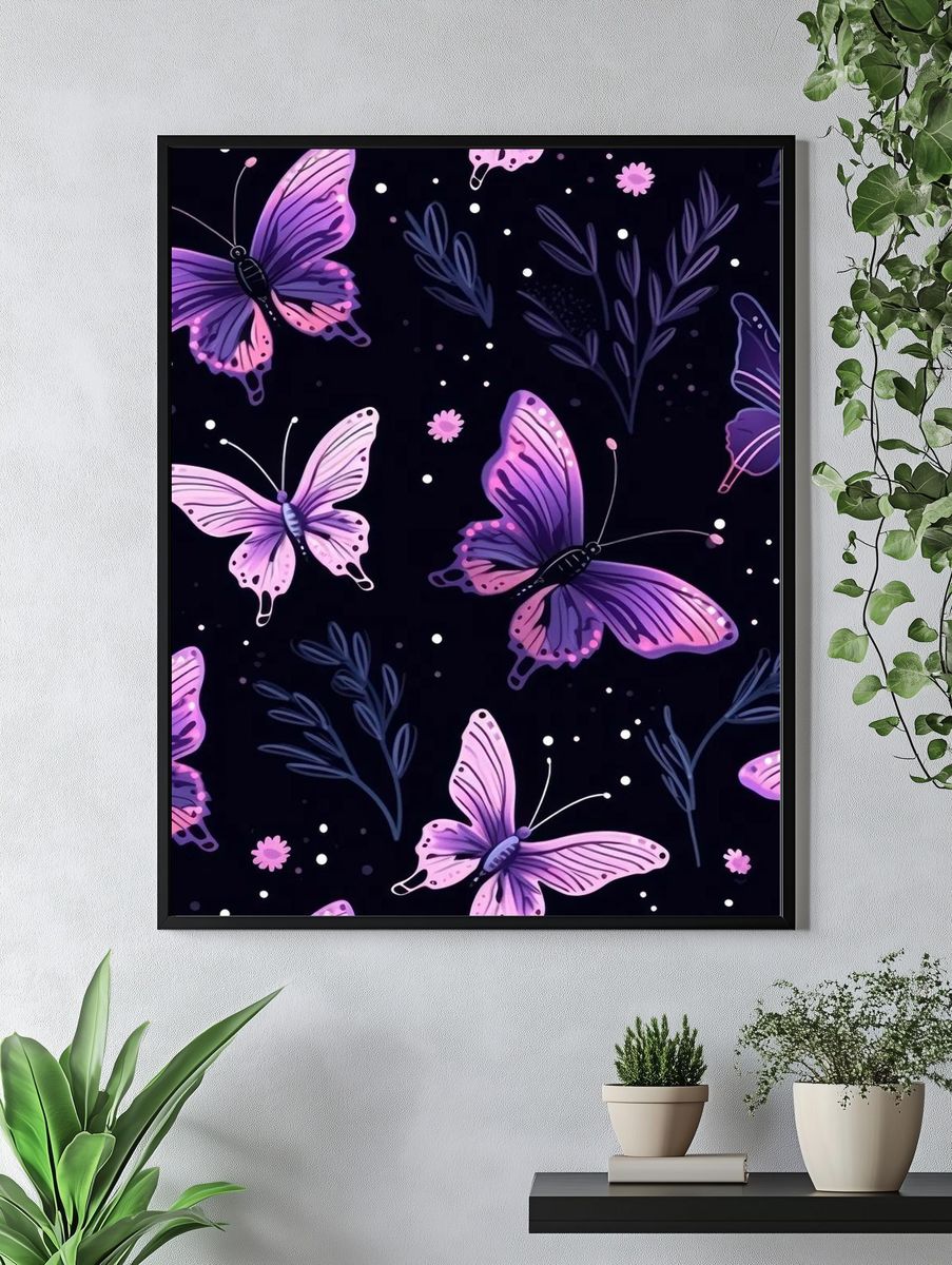 Purple Butterflies Night Garden Illustration Poster. — room view 4