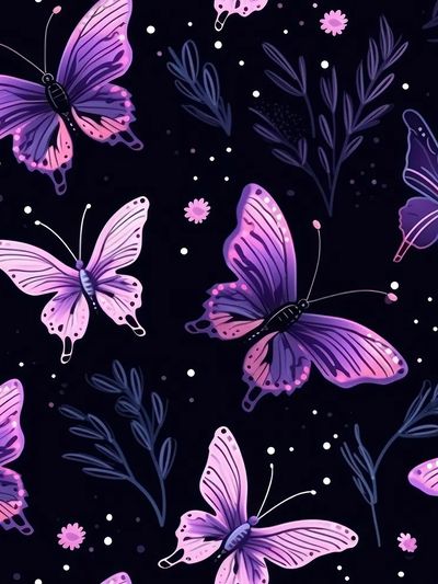 Purple Butterflies Night Garden Illustration Poster. poster print