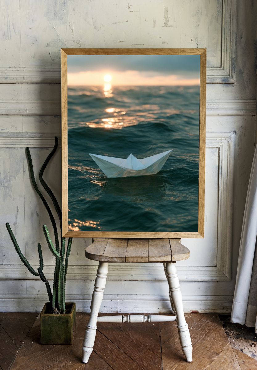 Paper Boat at Sea Photography Poster. room preview