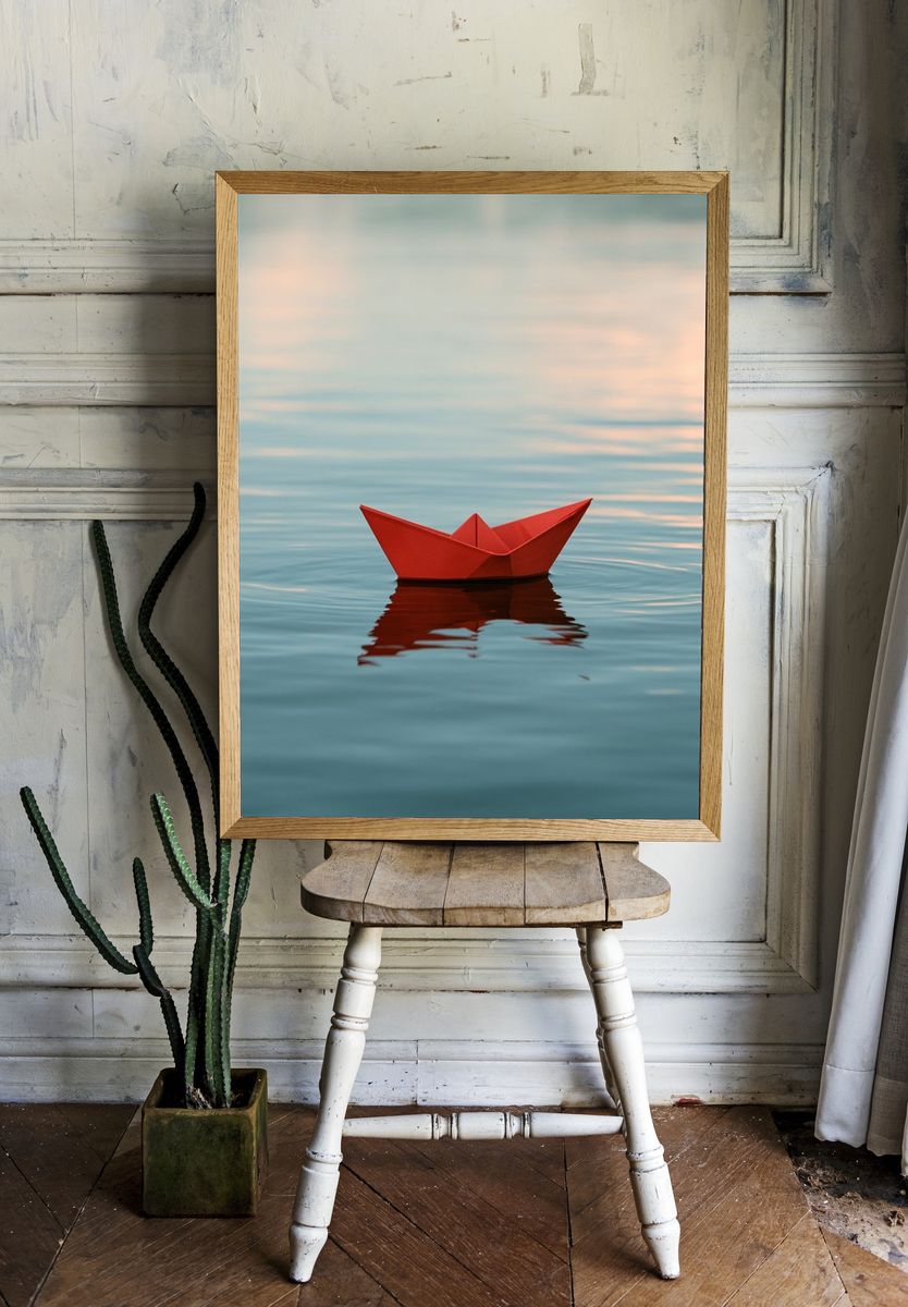 Red Paper Boat Photography Poster. room preview
