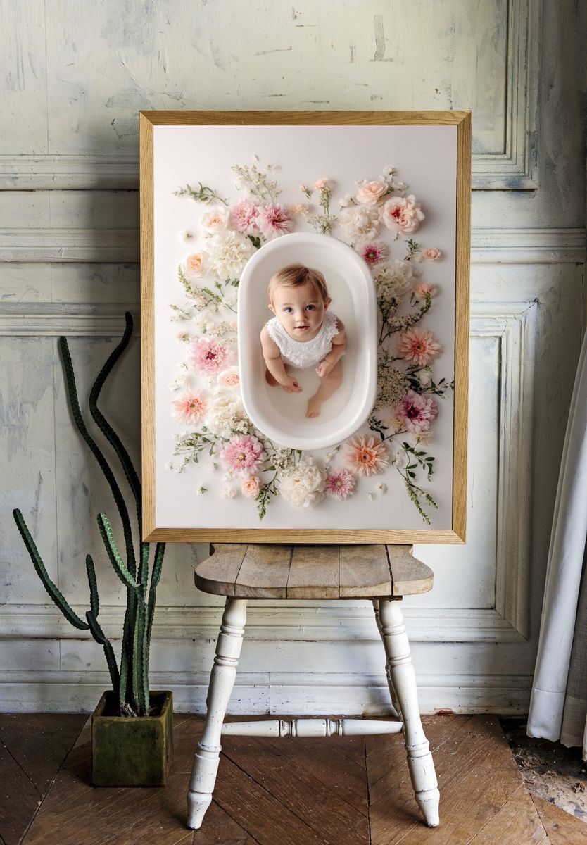 Floral Baby Bath Portrait Print. room preview