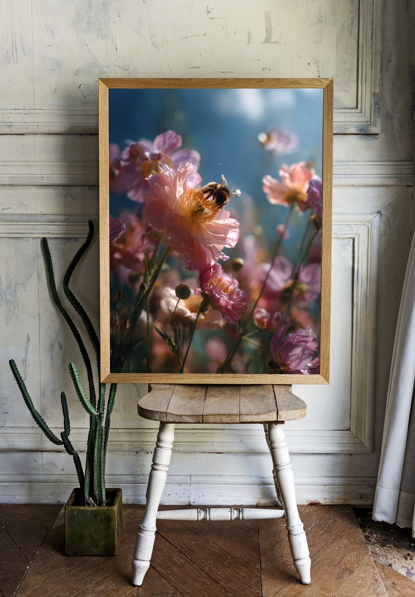 Bee on Pink Blossoms Photography Poster. room preview