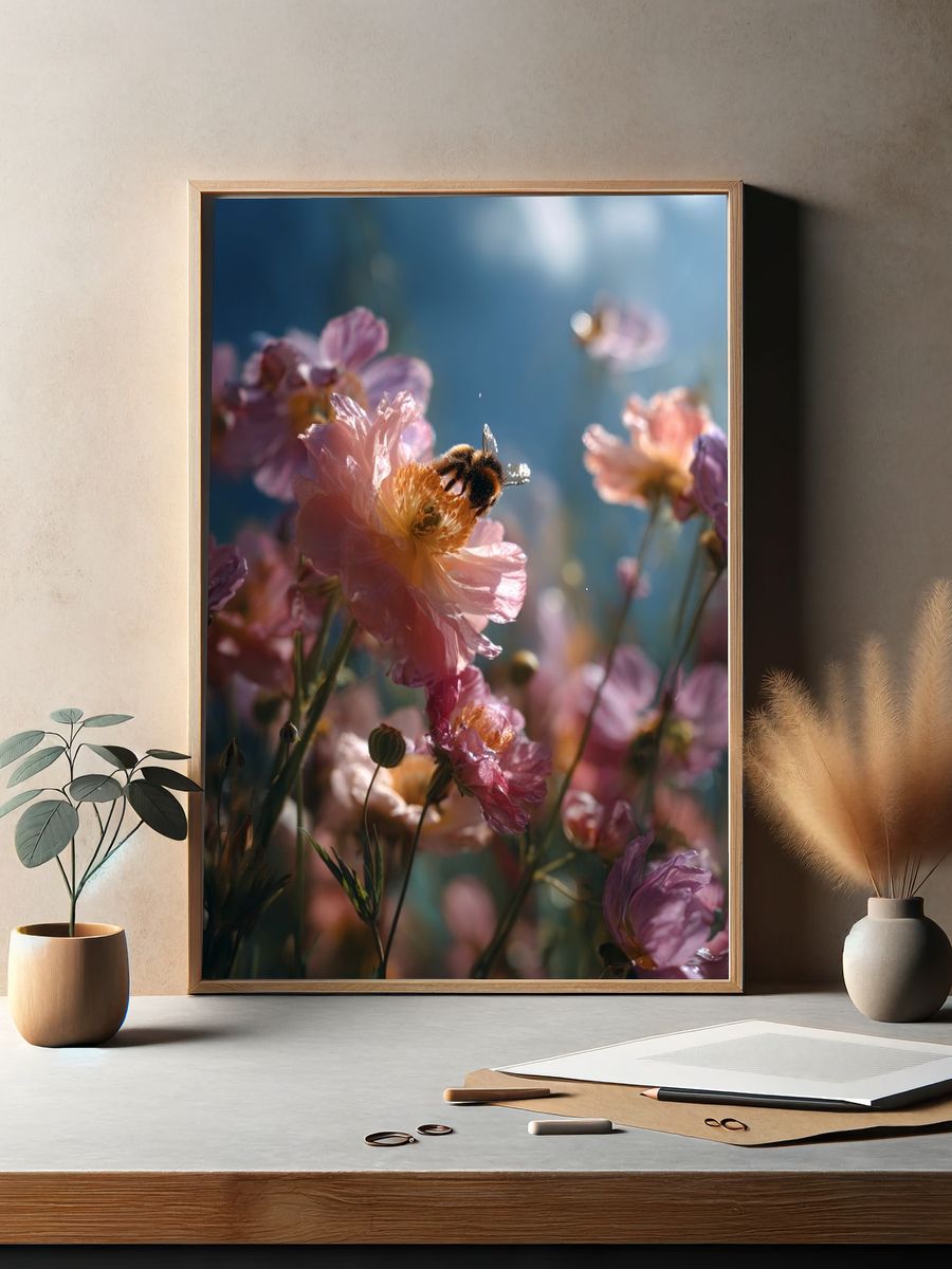 Bee on Pink Blossoms Photography Poster. — room view 2