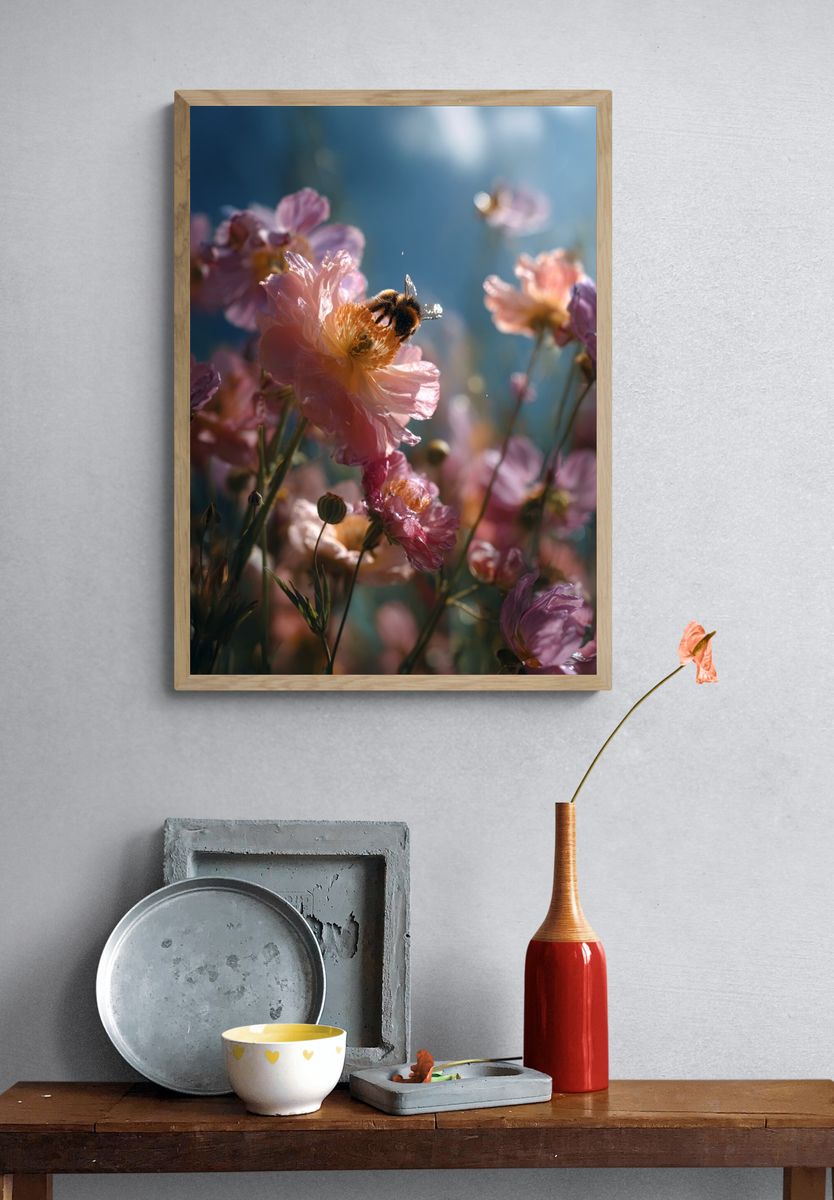 Bee on Pink Blossoms Photography Poster. — room view 3