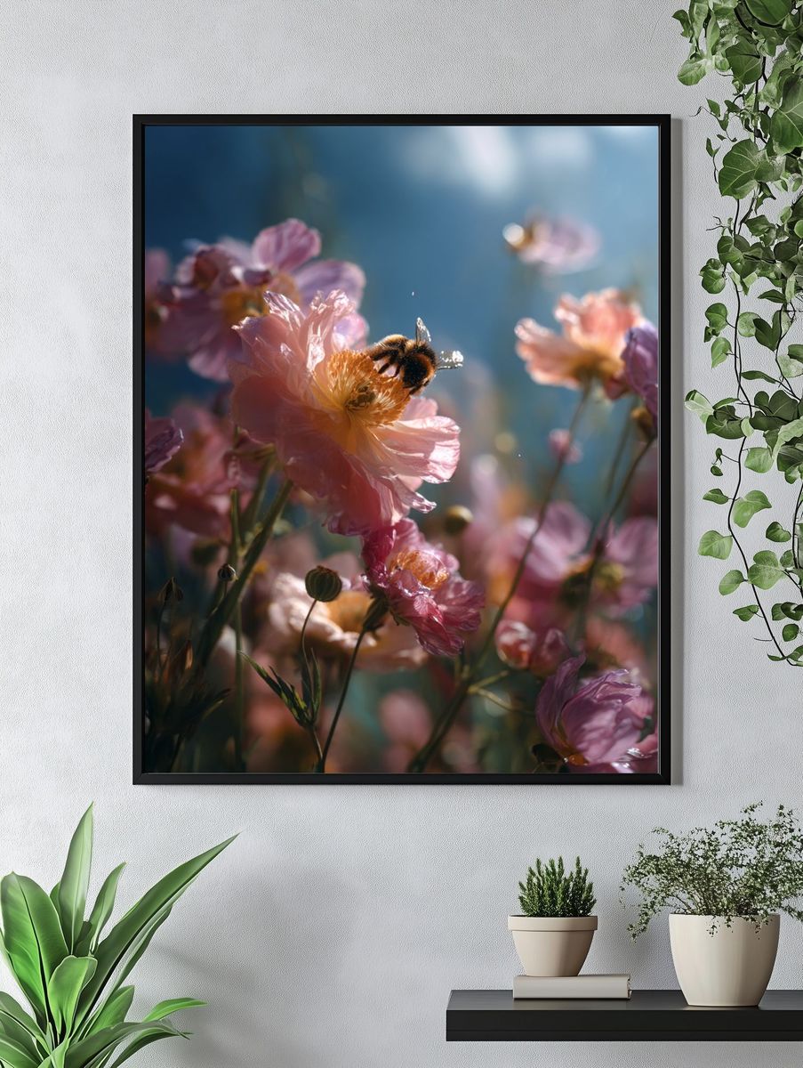 Bee on Pink Blossoms Photography Poster. — room view 4