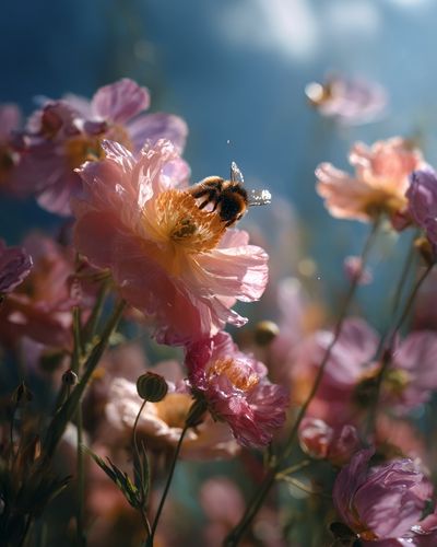 Bee on Pink Blossoms Photography Poster.
