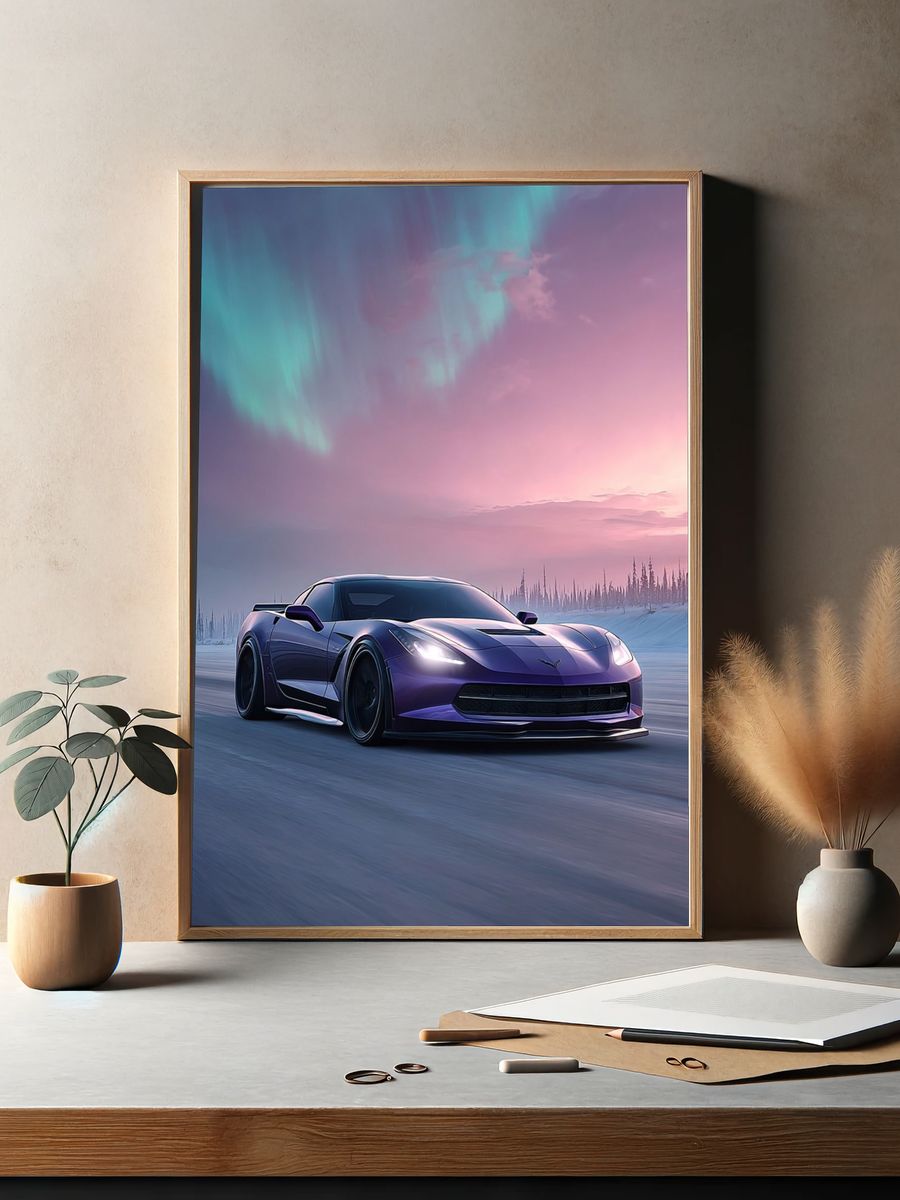 Purple Sports Car Aurora Poster. — room view 2