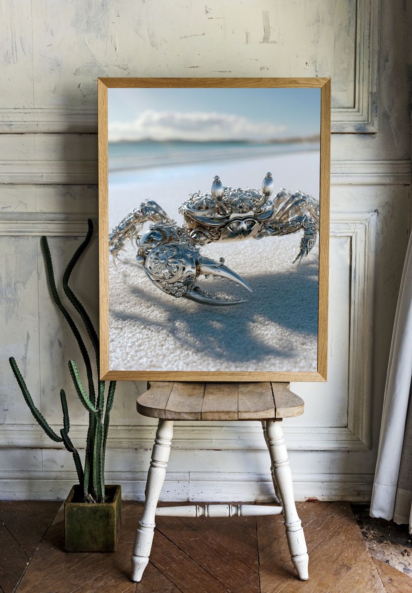 Silver Crab on Beach Photography Poster. room preview