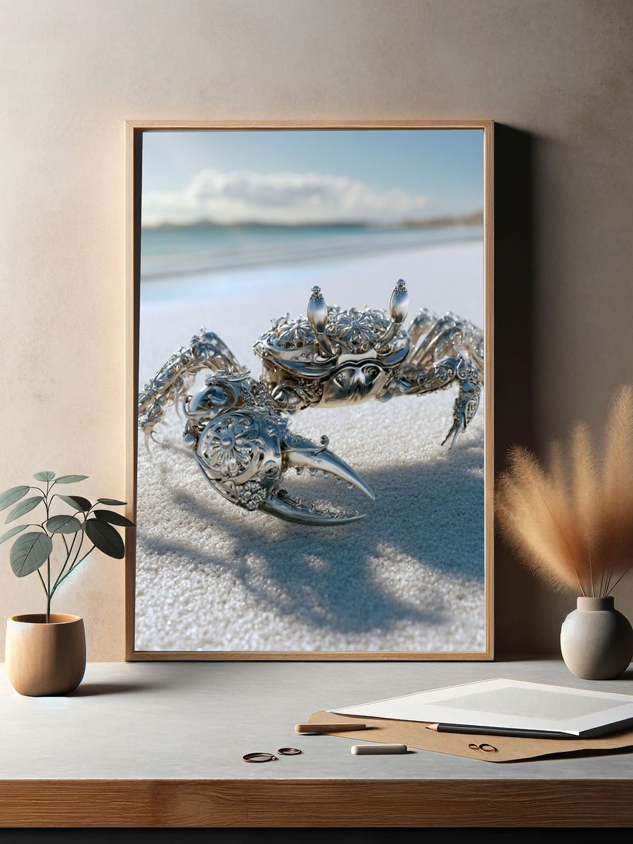 Silver Crab on Beach Photography Poster. — room view 2