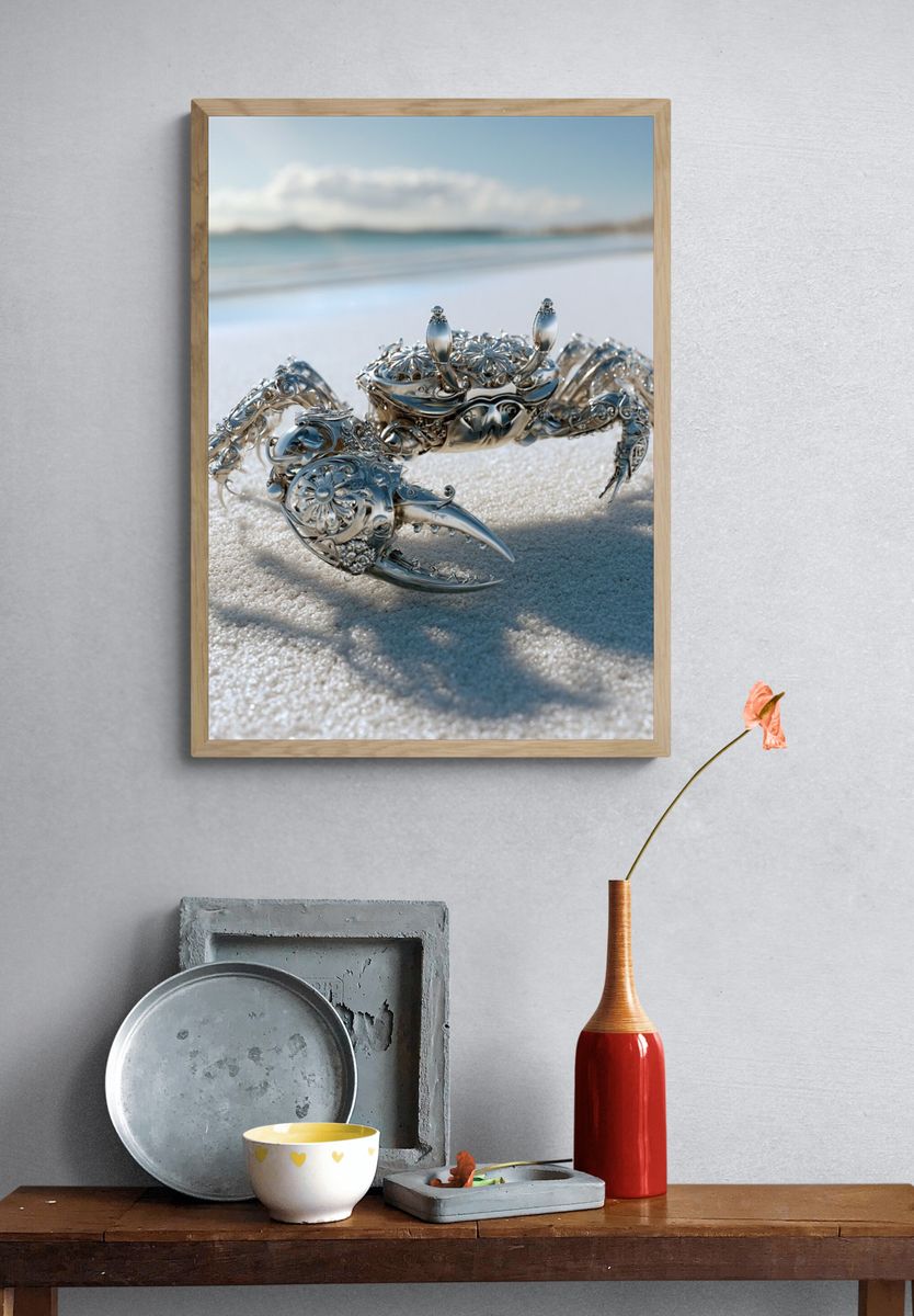 Silver Crab on Beach Photography Poster. — room view 3