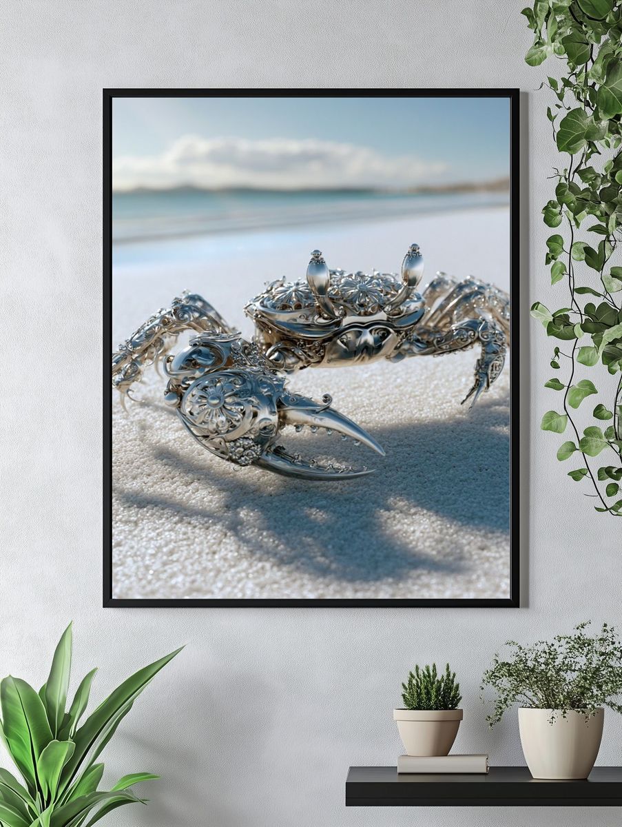 Silver Crab on Beach Photography Poster. — room view 4