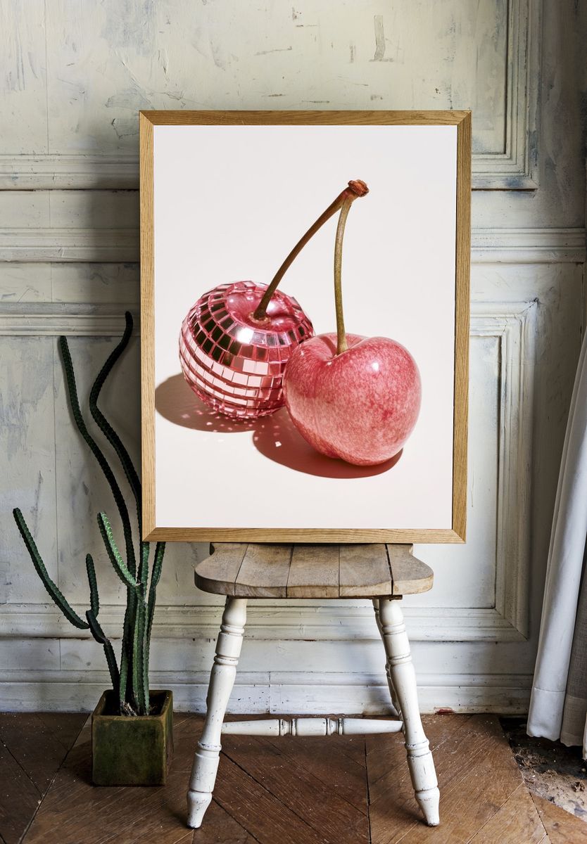 Pink Cherry Still Life Photography Poster. room preview