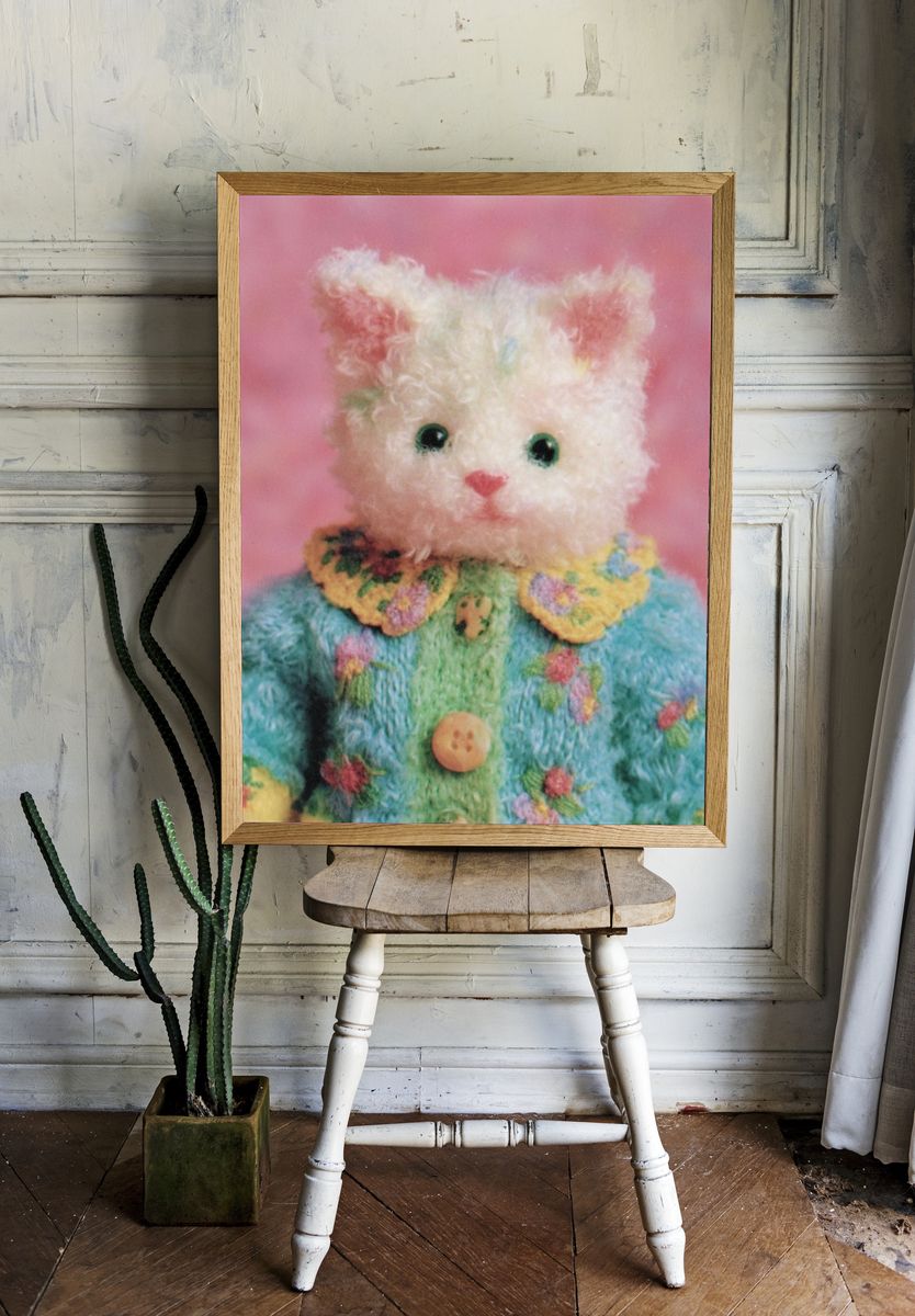 Pastel Teddy Cat Portrait Print. room preview