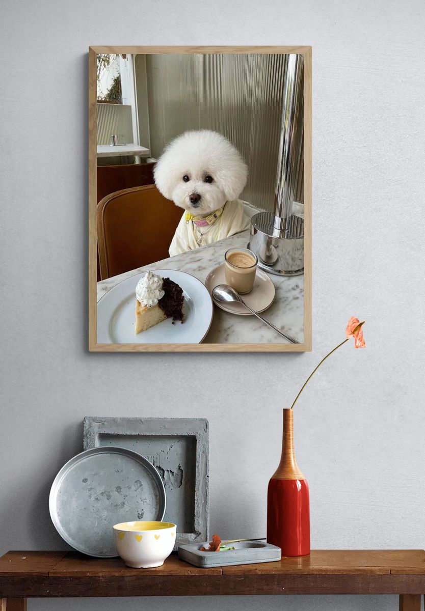 Fluffy White Poodle Café Poster. — room view 3