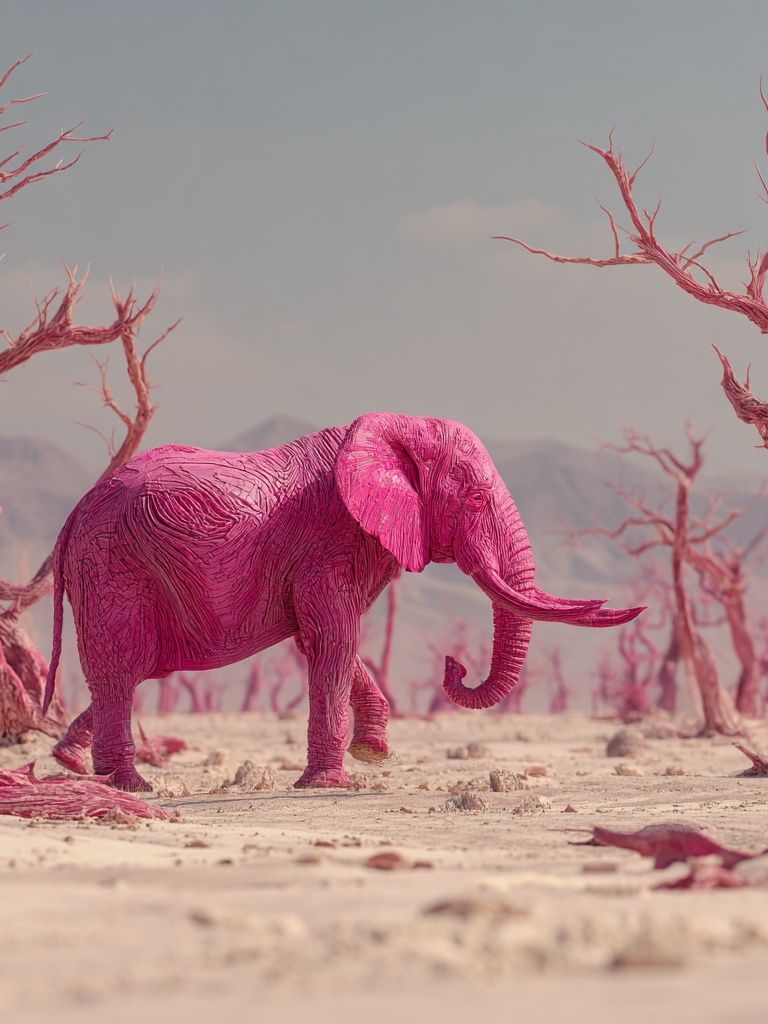 Pink Elephant in Surreal Landscape Poster. poster detail