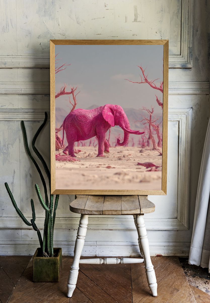 Pink Elephant in Surreal Landscape Poster. — room view 1