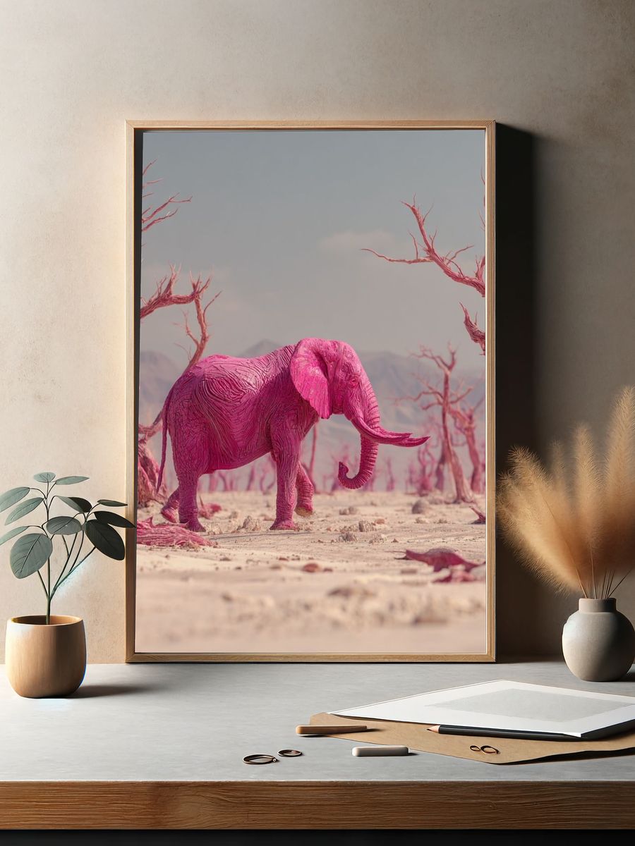 Pink Elephant in Surreal Landscape Poster. — room view 2