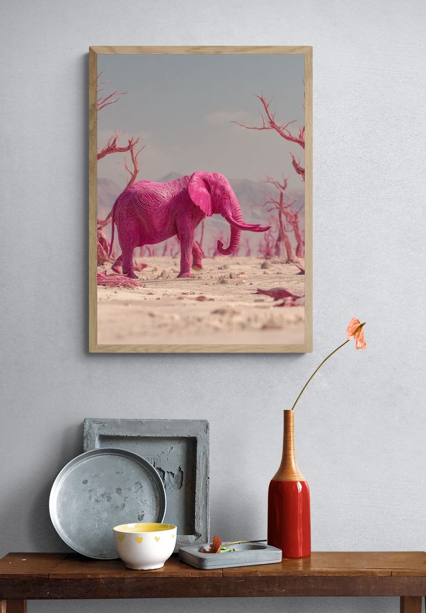 Pink Elephant in Surreal Landscape Poster. — room view 3