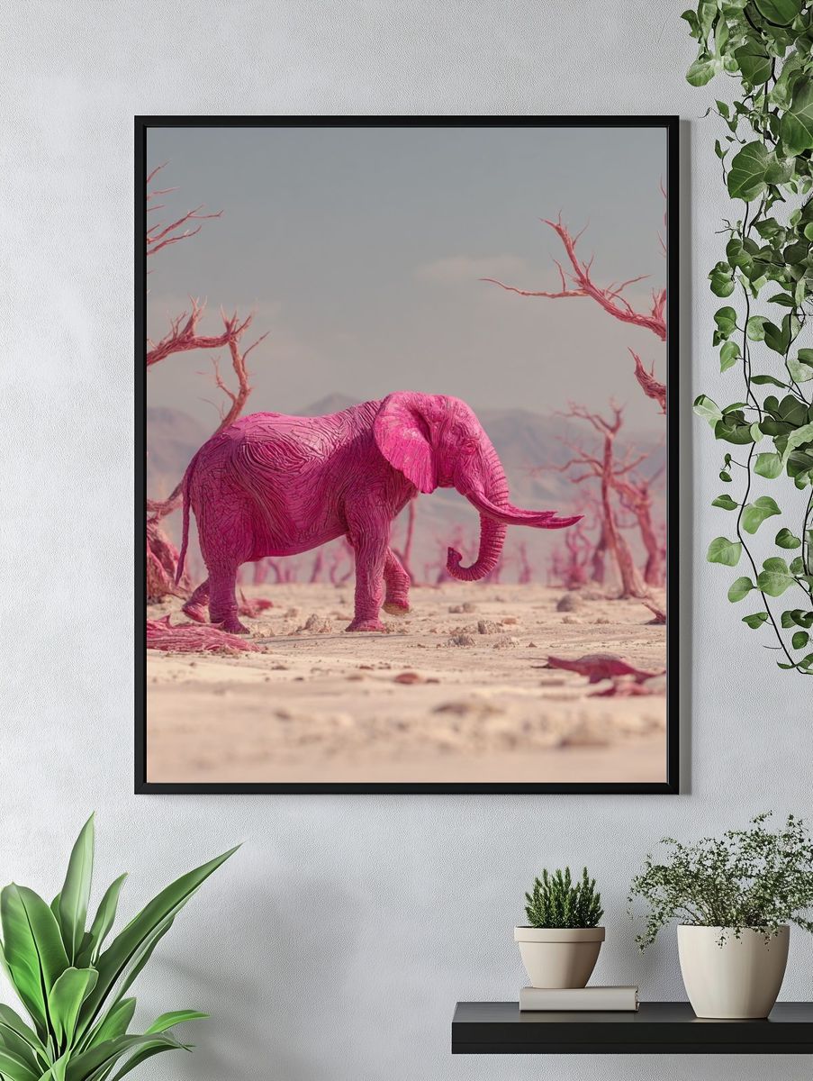 Pink Elephant in Surreal Landscape Poster. — room view 4