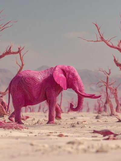 Pink Elephant in Surreal Landscape Poster. poster print