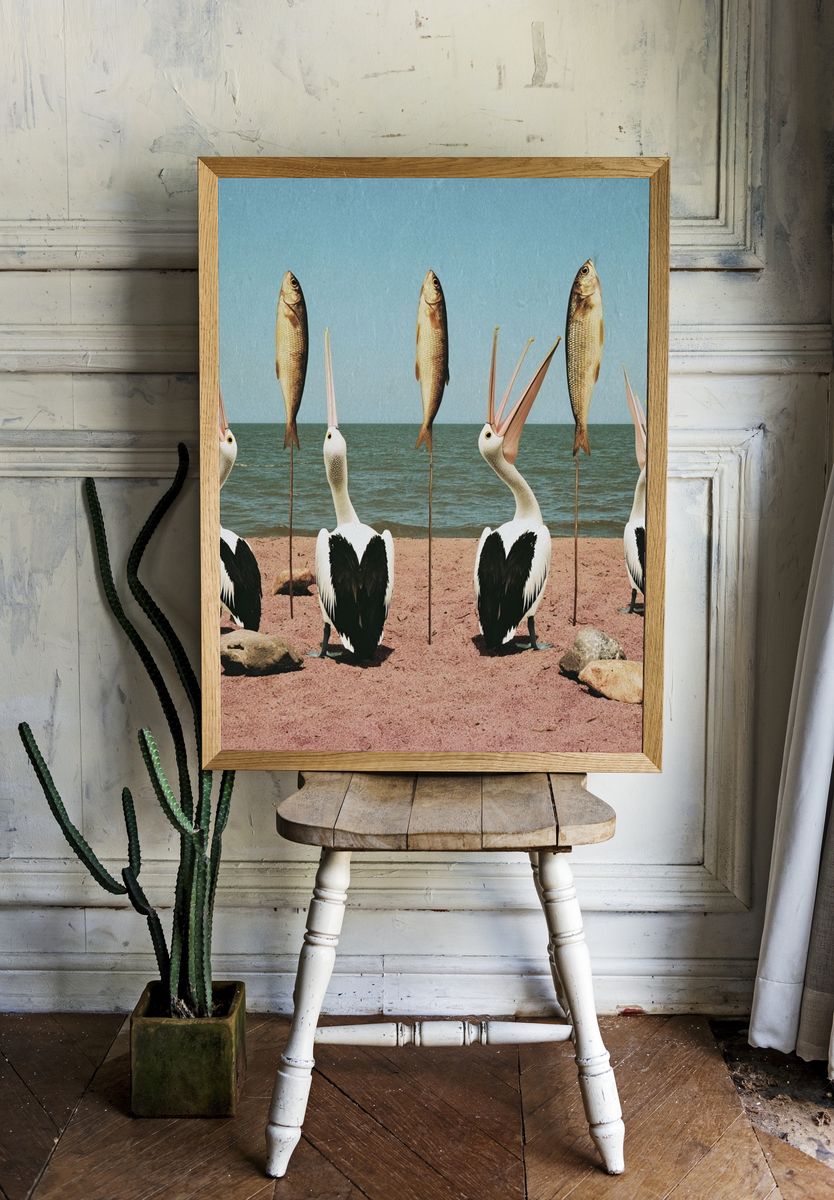 Pelicans and Fish Surrealism Print. — room view 1