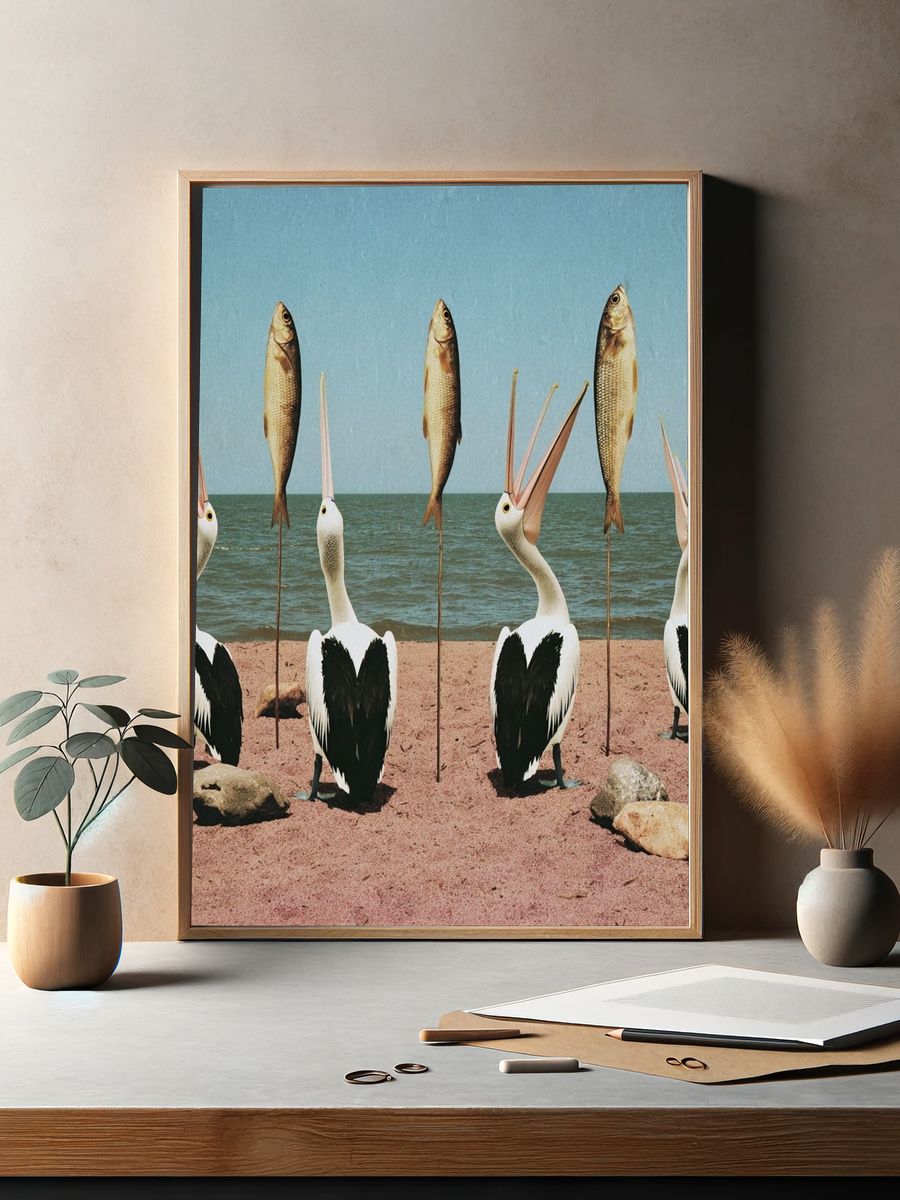 Pelicans and Fish Surrealism Print. — room view 2