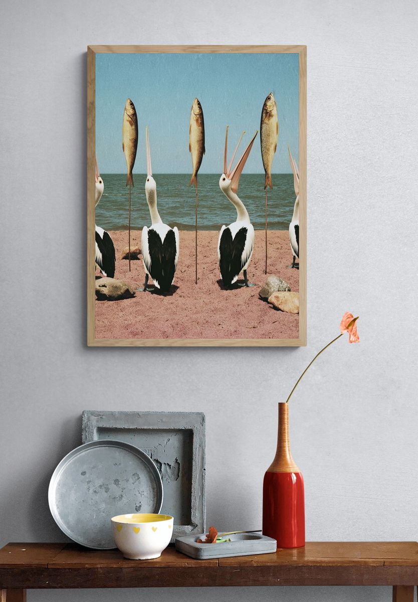 Pelicans and Fish Surrealism Print. — room view 3