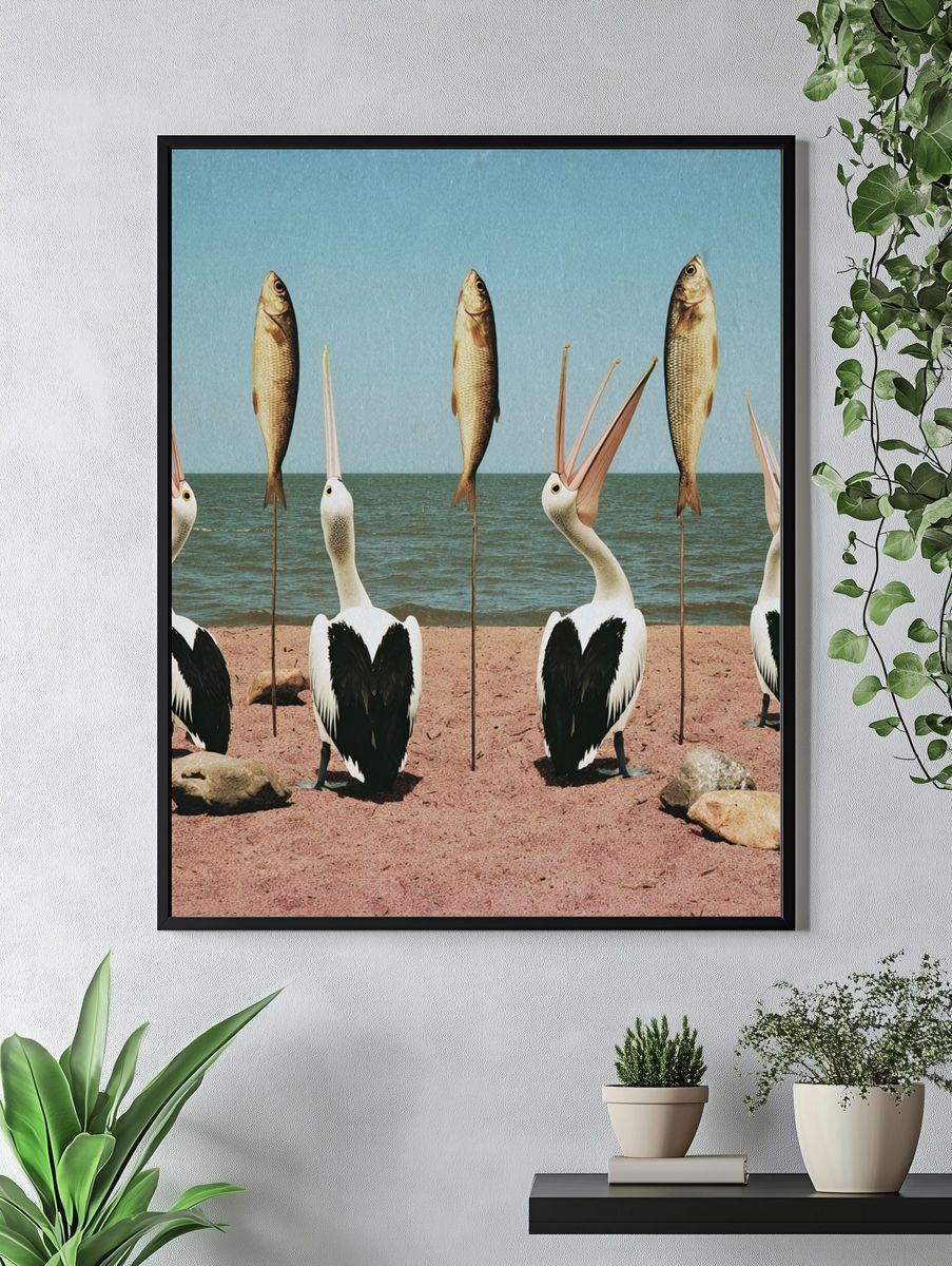 Pelicans and Fish Surrealism Print. — room view 4