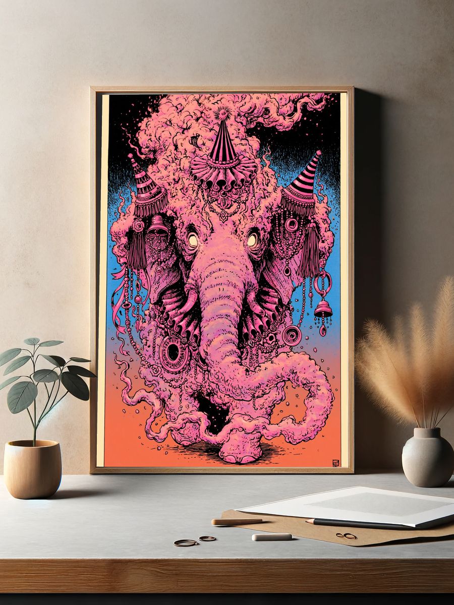 Pink Elephant Surrealism Poster. — room view 2