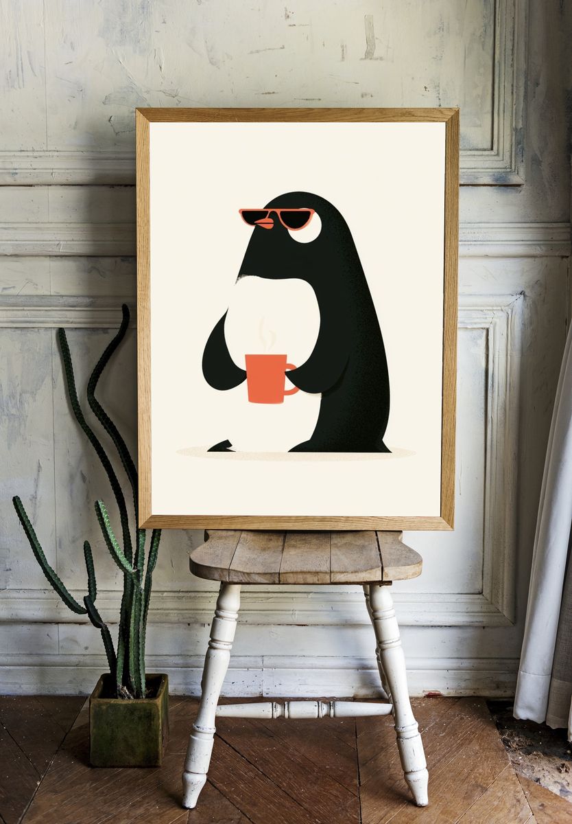 Cool Penguin Coffee Illustration Poster. room preview