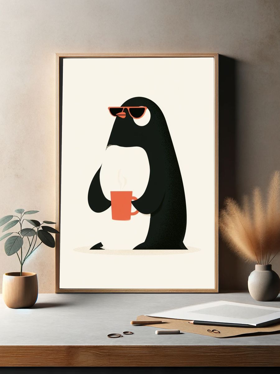 Cool Penguin Coffee Illustration Poster. — room view 2